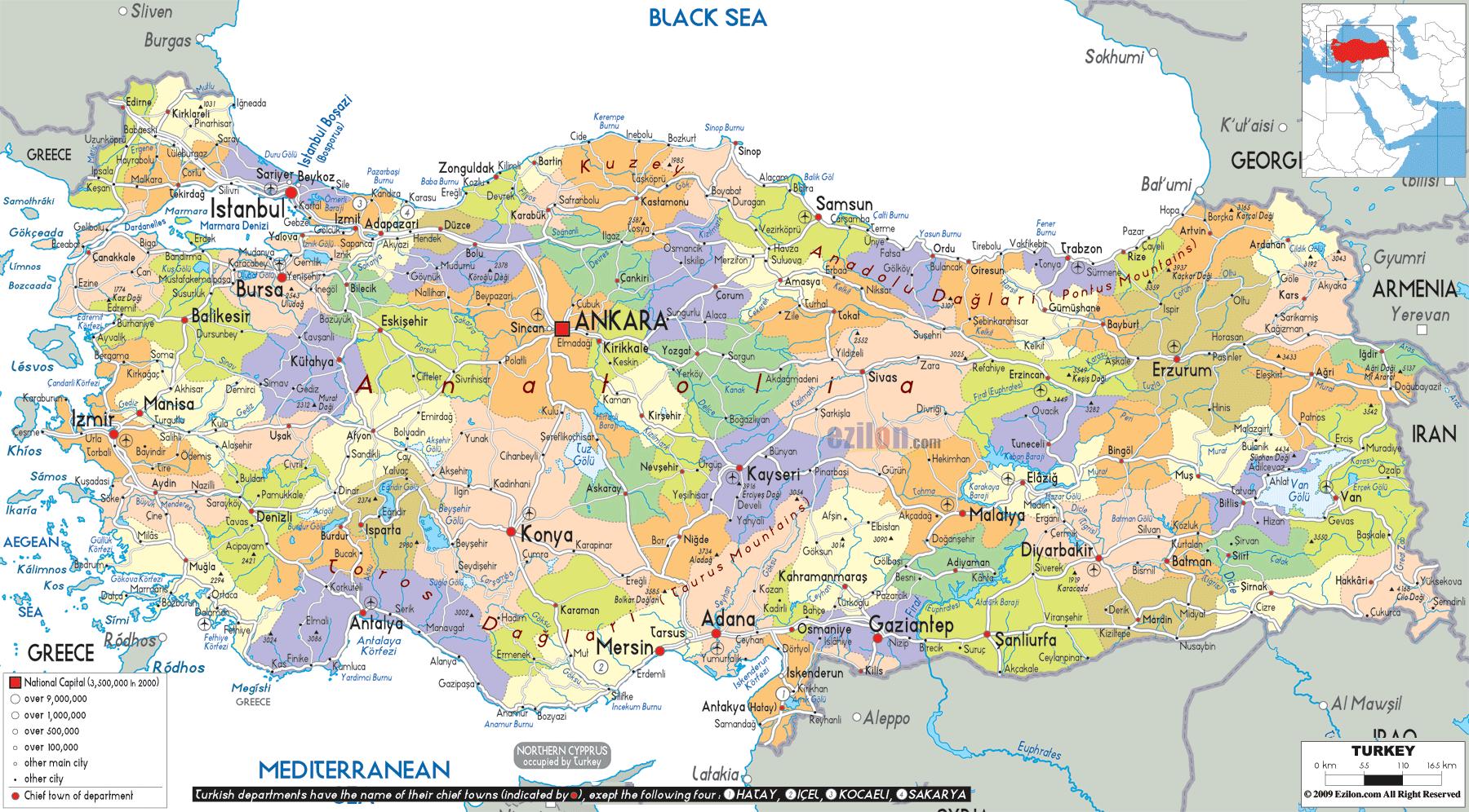 Turkiet maps - Karta som visar Turkiet (Västra Asien - Asien)